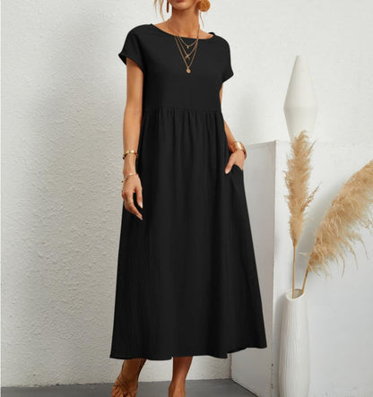 Rochie unicolor din bumbac, largă, cu buzunare
