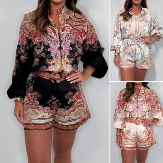 🩵Fashion Prints Button Up Shirt Top & Belted Shorts Two Piece Set
