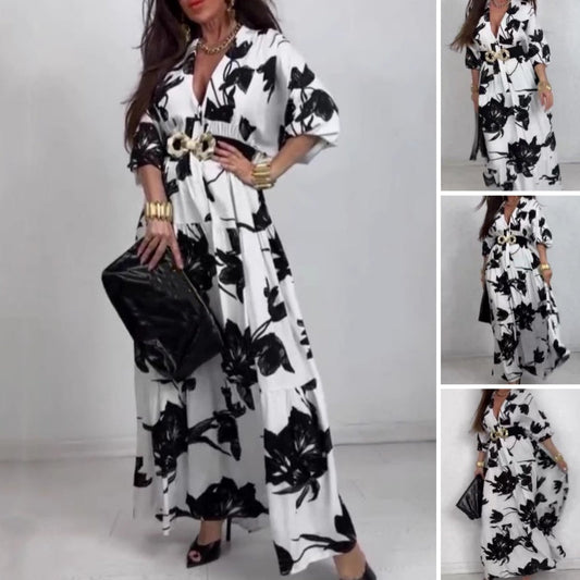 Rochie maxi elegantă imprimată cu decolteu în V pentru femei