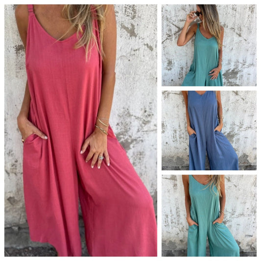 ✨ Salopetă casual elegantă din țesătură de bumbac și in, croi lejer pentru femei
