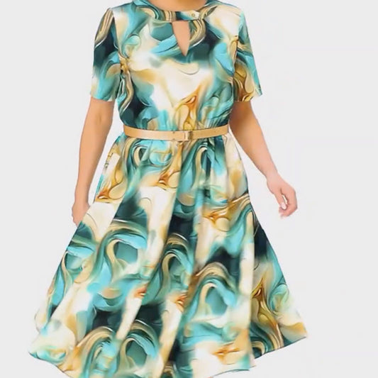 Rochie elegantă cu mânecă scurtă și cu curea pentru femei cu imprimare trendy