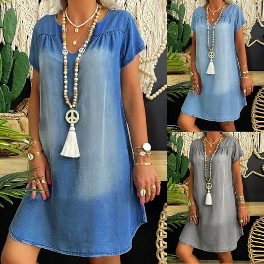 💙Rochie din denim cu guler în V și mâneci scurte pentru femei