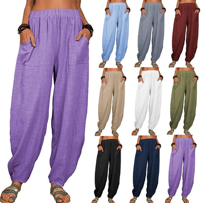 Pantaloni cu picior lat din in și bumbac pentru femei