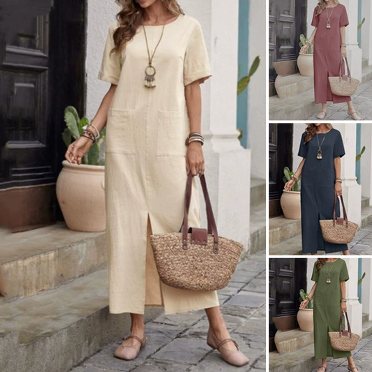 Bumbac-Lin vrac rochie cu gât rotund