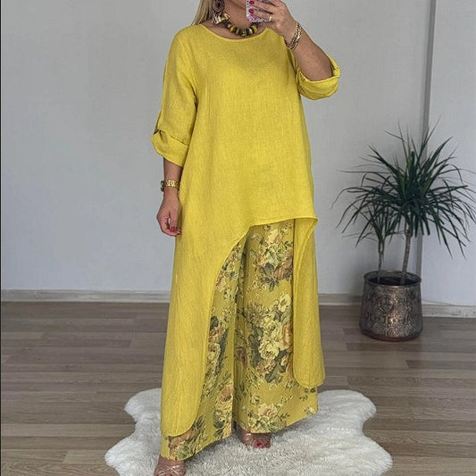 Tricou asimetric pentru femei și pantaloni imprimați, set 2 piese
