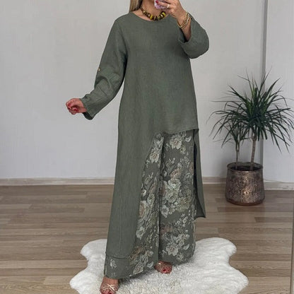 Tricou asimetric pentru femei și pantaloni imprimați, set 2 piese