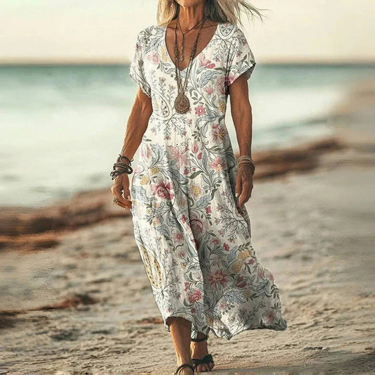 Femei de vară Vintage imprimate V-Neck rochie lungă