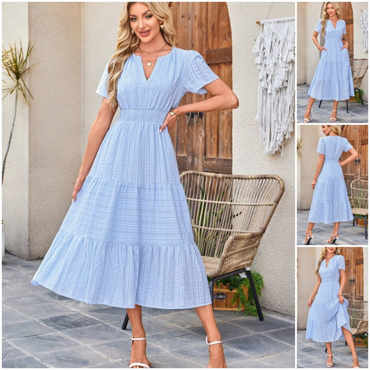 🔥Reducere de 50%👗Rochii lungi casual de vară pentru femei, cu mâneci scurte și decolteu în V
