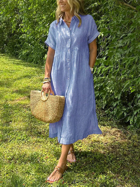 2026🔥Rochie cămașă cu dungi, guler și nasturi | Cu buzunare funcționale👗