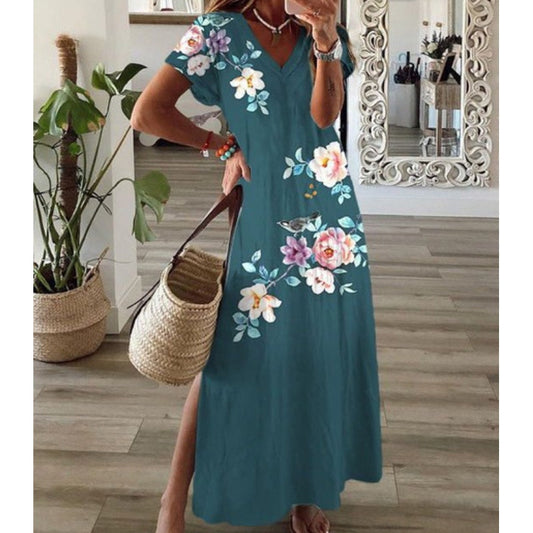 ✨🌸 Rochie Lungă cu Imprimeu Floral – Decolteu în V, Lejeră și Elegantă, 5 Culori 🌿