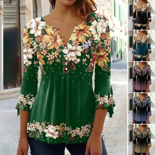 Femeii elegant florale imprimare V-neck top