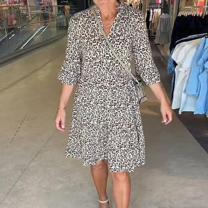 Rochie trendy pentru femei cu decolteu în V, cu imprimeu leopard și croială lejeră