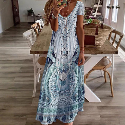Rochie cu mânecă scurtă cu imprimeu floral V-Neck pentru femei