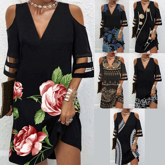 Femei moda imprimare V-Neck rochie