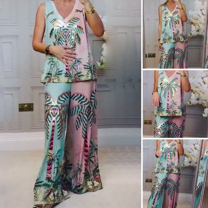 🌴 Set tropical cu cocotier: tricou + pantaloni, ușor și viu colorat