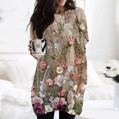 Rochie florală largă, cu decolteu rotund