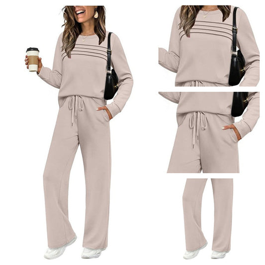 🔥Noua ta ținută preferată! 👗✨ Set pentru femei cu bluză cu guler rotund și pantaloni cu șnur 🛋️☕