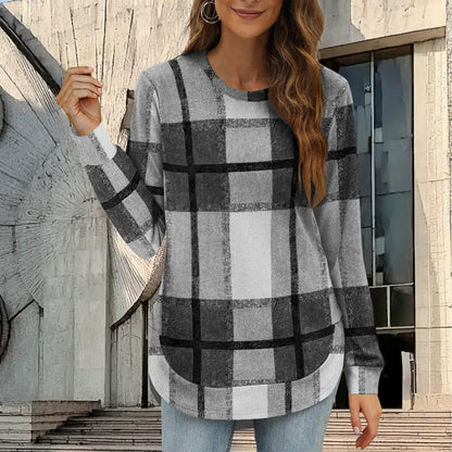Bluză casual cu mâneci lungi și imprimeu în carouri pentru femei