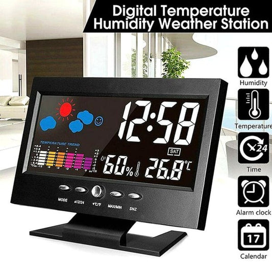 🔥Ceas de masă digital cu LED, cu monitor de temperatură și umiditate și prognoză meteo