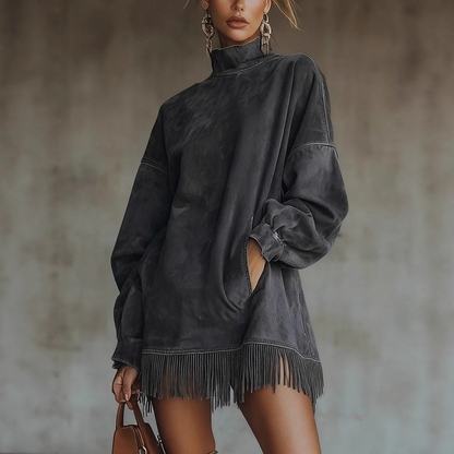 Rochie casual cu guler răsfrânt și buzunare, cu franjuri la tiv