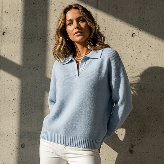 Pulover din tricot cu guler moale și nasturi pentru femei
