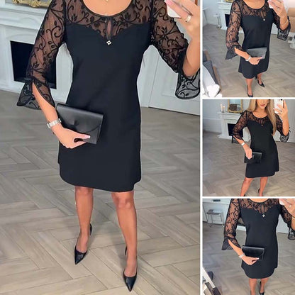 👗Rochie mini A-line cu mâneci lungi din dantelă transparentă