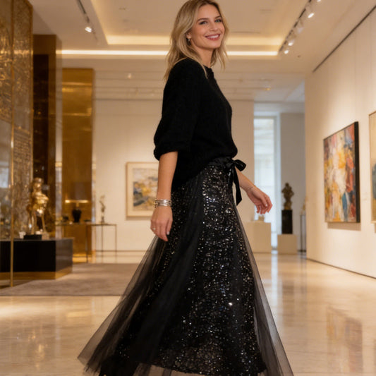 ⏳Ofertă specială limitată⏰Set pentru femei cu top strălucitor și fustă din tul - Set elegant și strălucitor din două piese✨