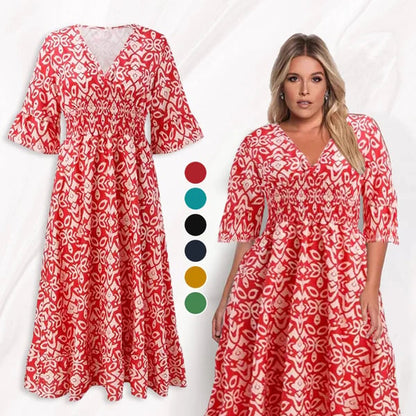 🔥Reducere de 40% 💞Rochie lungă cu decolteu în V și imprimeu boem casual