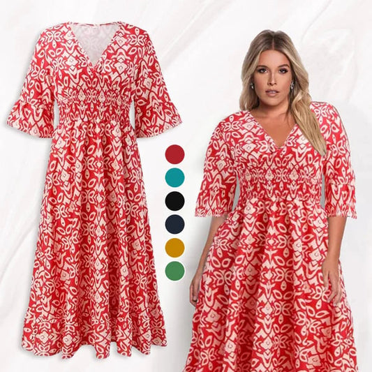 🔥Reducere de 40% 💞Rochie lungă cu decolteu în V și imprimeu boem casual