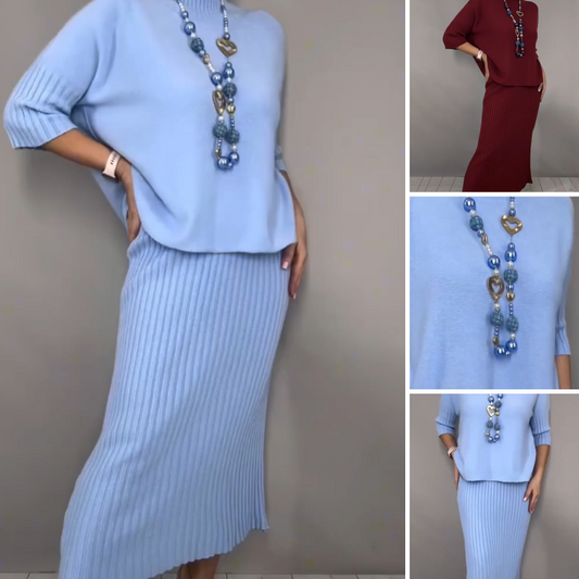 Set elegant format din pulover tricotat și fustă midi, 2 piese