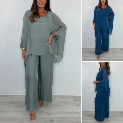Set elegant casual pentru femei, format din bluză din șifon și pantaloni largi