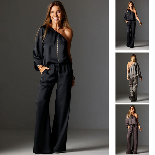 Set elegant din top cu un umăr din satin și pantaloni largi
