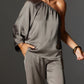 Set elegant din top cu un umăr din satin și pantaloni largi