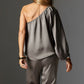 Set elegant din top cu un umăr din satin și pantaloni largi