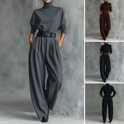 Set elegant pentru femei, format din bluză cu guler înalt și pantaloni cu talie înaltă