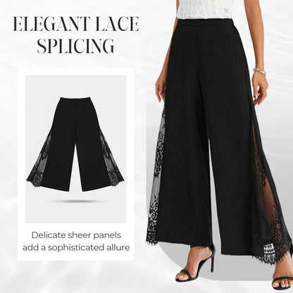 Pantaloni pentru femei cu talie înaltă, croi larg și imprimeu floral din dantelă