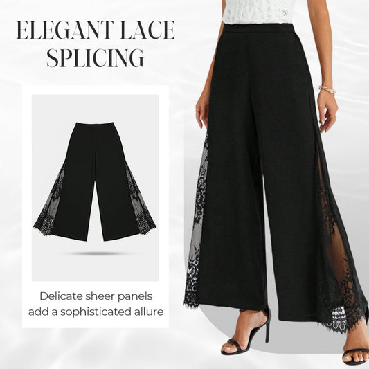 Pantaloni pentru femei cu talie înaltă, croi larg și imprimeu floral din dantelă