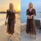 👗 Rochie lungă boemă cu decolteu în V și volane din plasă