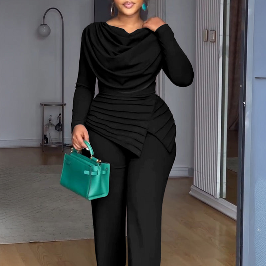 Set asimetric din două piese, cu guler drapat și pliuri