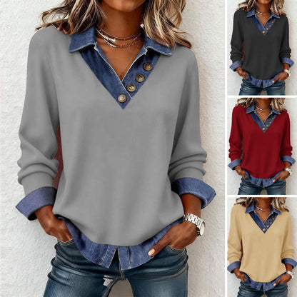 ✨🔥Bluză din denim cu guler patchwork pentru femei, din două piese👚