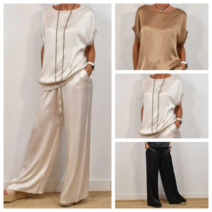 Set din două piese pentru femei: bluză cu mâneci scurte din satin și pantaloni