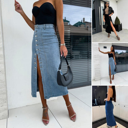 🔥Ofertă pentru noile sosiri - Fustă elegantă din denim, cu închidere cu nasturi și croi mulat