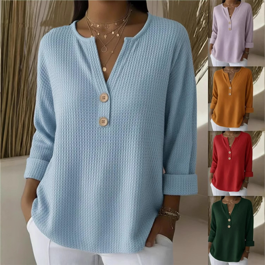 Bluze cu guler în V și nasturi din tricot waffle pentru femei