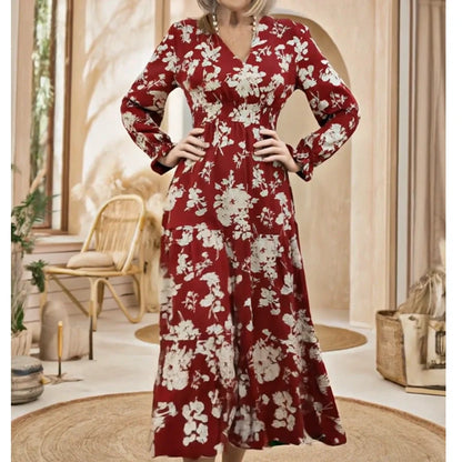 Rochie lungă cu decolteu în V, talie strânsă, imprimeu floral și mâneci lungi