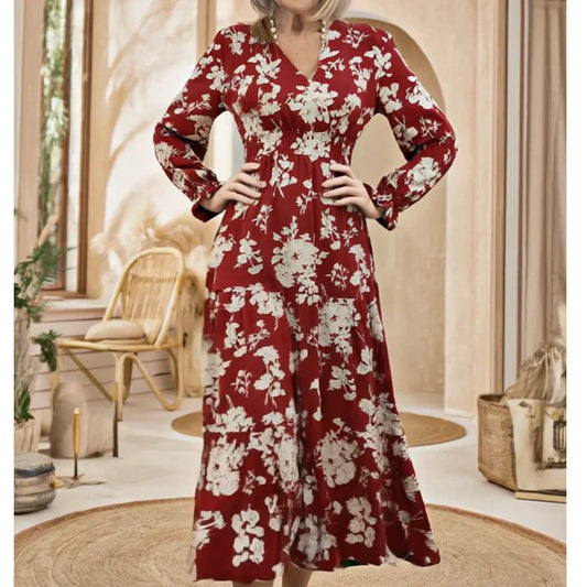 Rochie lungă cu decolteu în V, talie strânsă, imprimeu floral și mâneci lungi