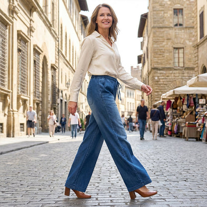 👖🌸 49% RABATT! | Kvinnors Jeans med Dragsko & Breda Ben – Stretchig Denim & Avslappnad Passform!