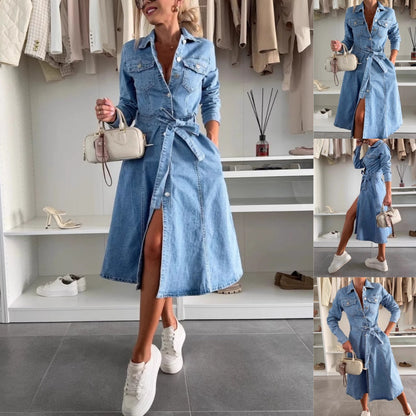 Rochie din denim cu mâneci lungi și nasturi pentru femei