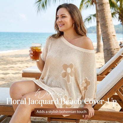 🌺 50% REDUCERE! Țoală de plajă pentru femei cu imprimeu floral jacquard – țesătură tricotată cu ochiuri aerisite, set de bikini inclus 🏖️