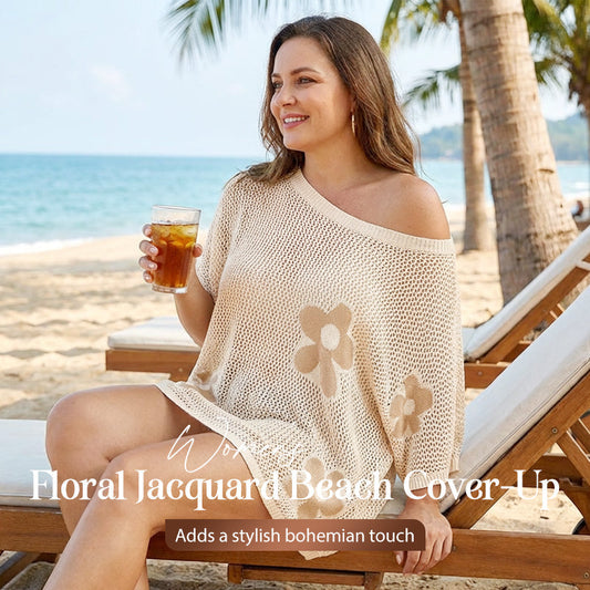 🌺 50% REDUCERE! Țoală de plajă pentru femei cu imprimeu floral jacquard – țesătură tricotată cu ochiuri aerisite, set de bikini inclus 🏖️