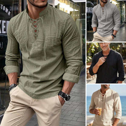 👔 50% REDUCERE ACUM! 💎 Cămașă casual pentru bărbați, culoare solidă – guler cu șireturi, guler modern și bumbac respirabil ✨